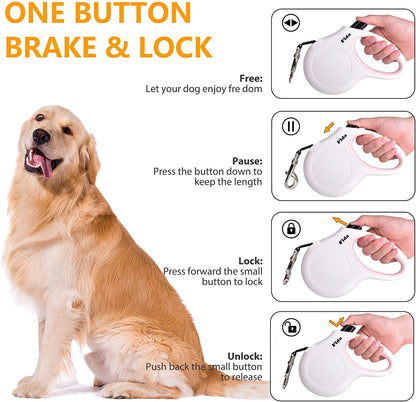 Retractable Dog Leash with Integrated Dispenser and Waste Bags, 10 Feet, White and Pink