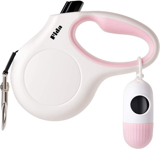 Retractable Dog Leash with Integrated Dispenser and Waste Bags, 10 Feet, White and Pink