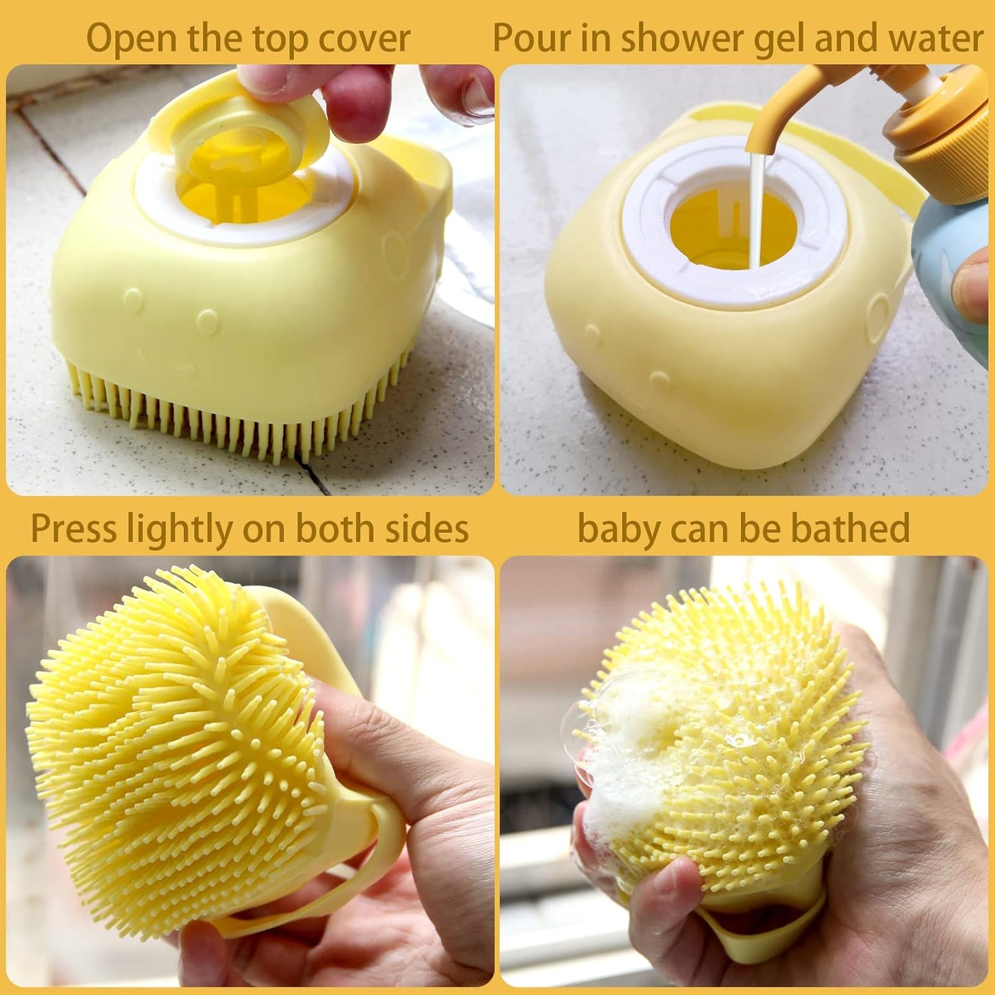 Pet Bath Brush with Shampoo Dispenser and Scrubber for Dogs (Yellow)