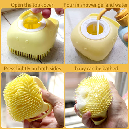 Pet Bath Brush with Shampoo Dispenser and Scrubber for Dogs (Yellow)