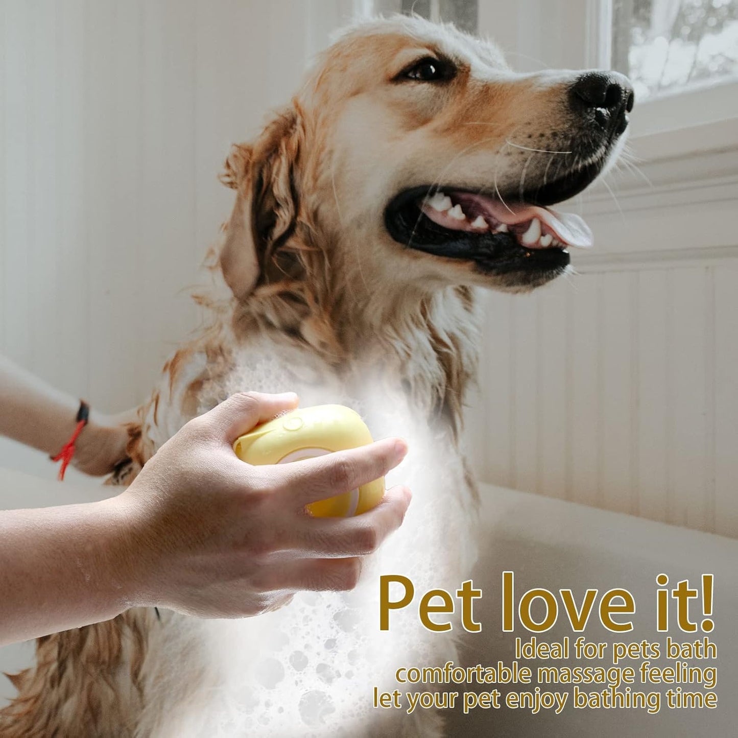 Pet Bath Brush with Shampoo Dispenser and Scrubber for Dogs (Yellow)