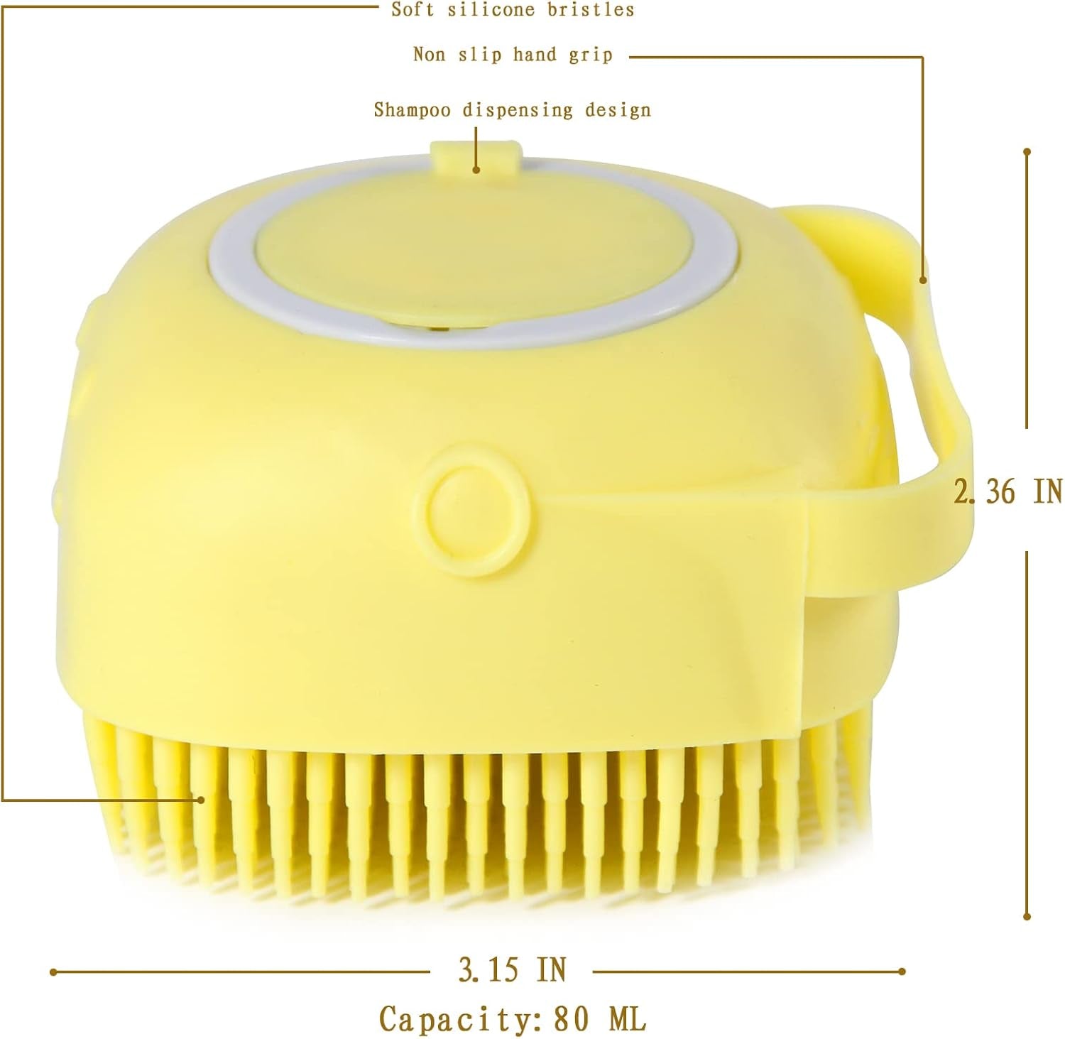 Pet Bath Brush with Shampoo Dispenser and Scrubber for Dogs (Yellow)