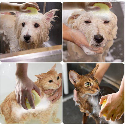 Pet Bath Brush with Shampoo Dispenser and Scrubber for Dogs (Yellow)
