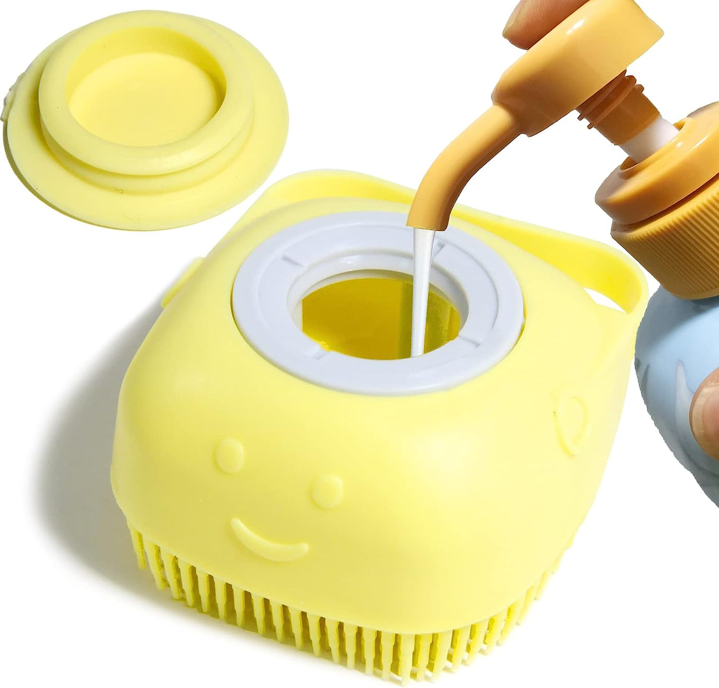 Pet Bath Brush with Shampoo Dispenser and Scrubber for Dogs (Yellow)