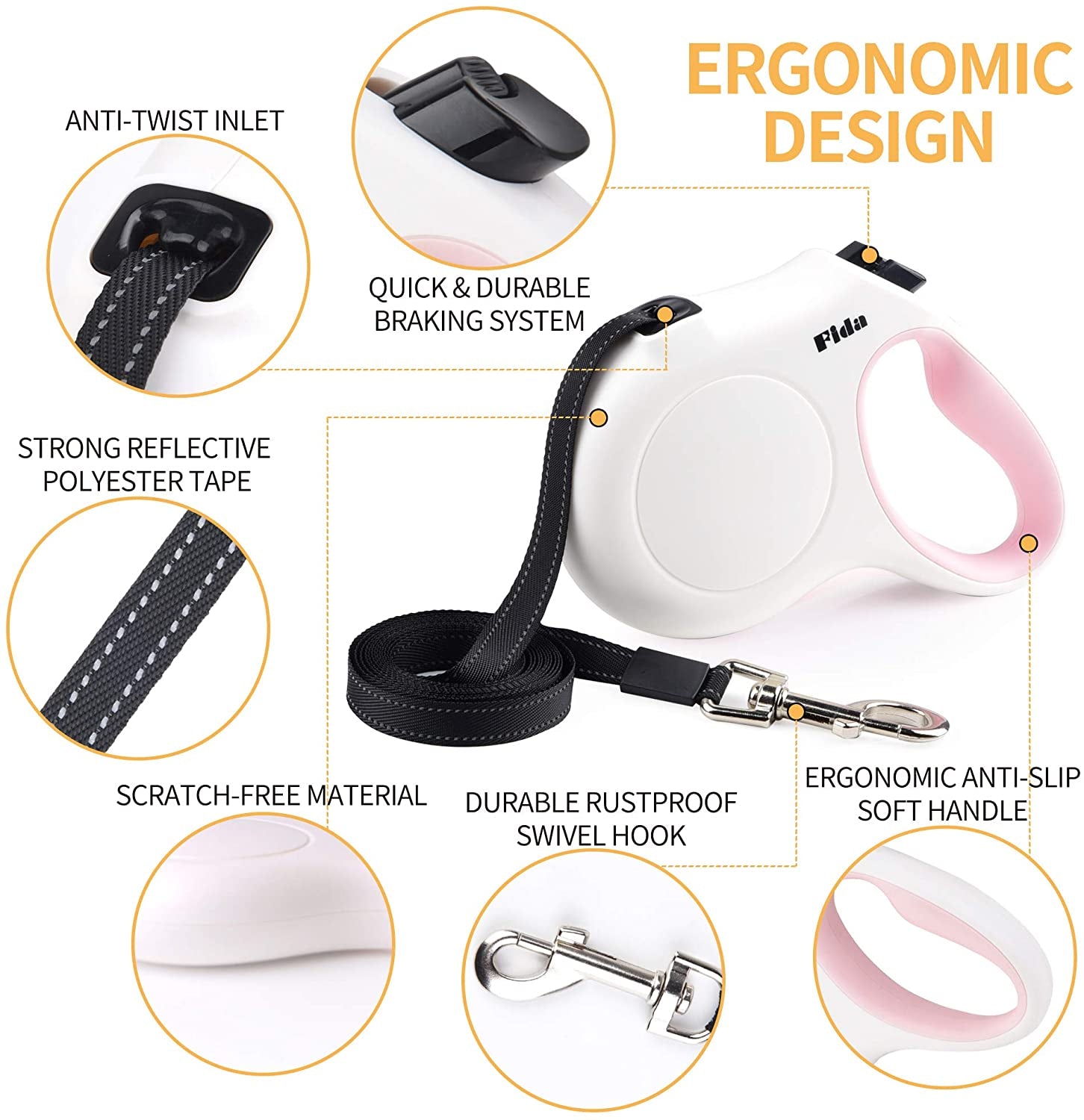 Retractable Dog Leash with Integrated Dispenser and Waste Bags, 10 Feet, White and Pink
