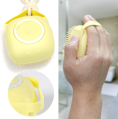 Pet Bath Brush with Shampoo Dispenser and Scrubber for Dogs (Yellow)